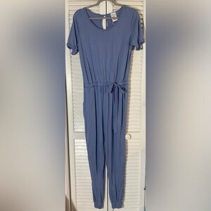 Serra Blue Jumpsuit, Sz M, Short Sleeves, Elastic Waist w/Tie Belt, Pockets